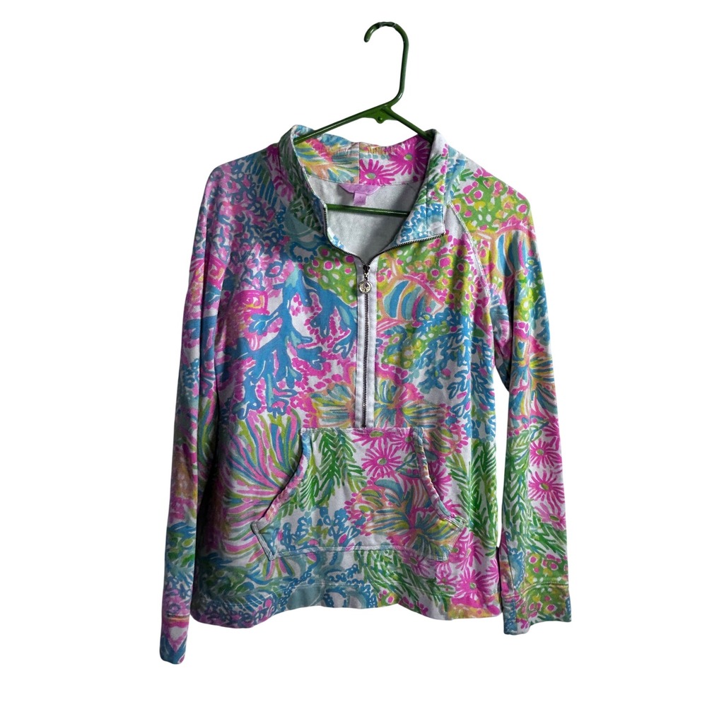 Lilly Pulitzer Popover Size S Multicolor Floral Coral Half Zip Sweatshirt Women